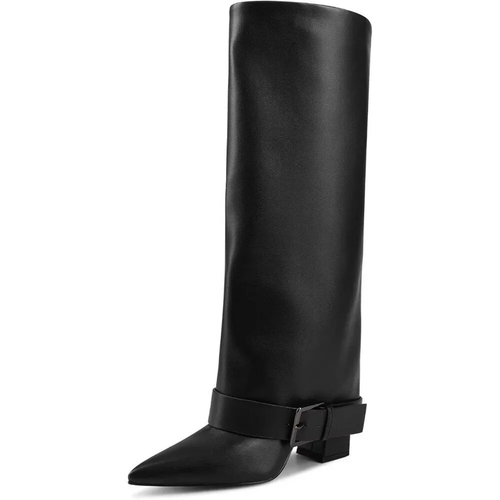 Women's Black Knee High Boots Fold Over High Heel Belt Buckle Fall Long
